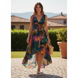 Suzi Chin For‎ Maggie Boutique Silk Midi Dress Floral Watercolor Vibrant Size 8P